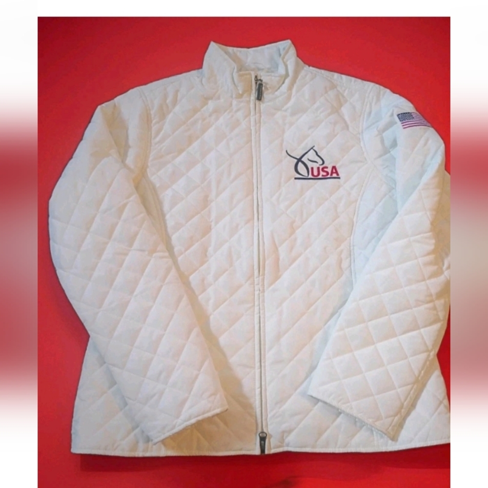 Cutter & Buck USA Horse Logo Quilted White Jacket Womens Large USA Equestrian